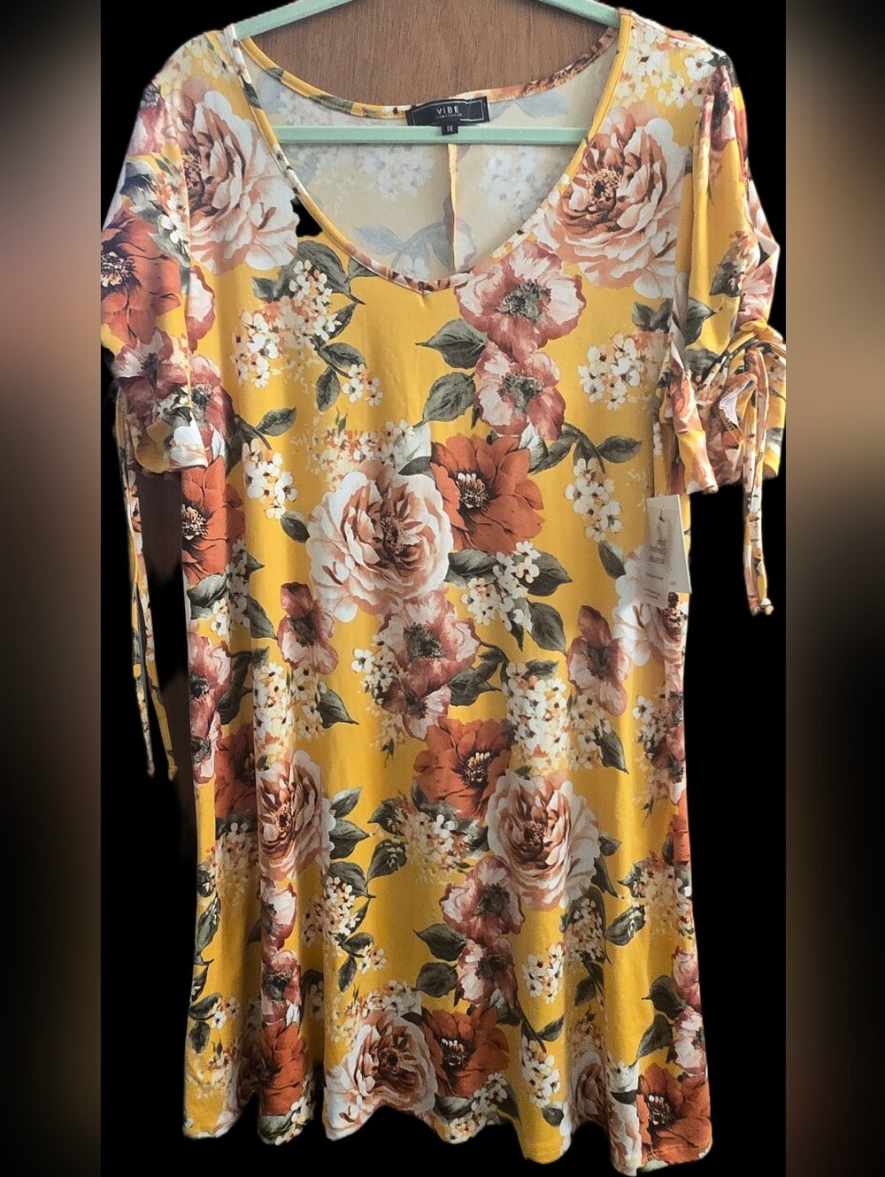 NWT Vibe Mustard Floral Tie-Sleeve Dress